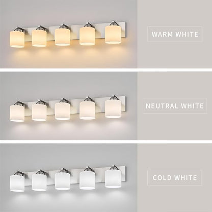 mirrea 5-Light Brushed Nickel Bathroom Vanity Light with White Glass Shades | Over Mirror,Wall Sconce,ETL listed,Bathroom Lighting Fixtures,Elegant Design,Milk White Glass Shade,Easy Installation