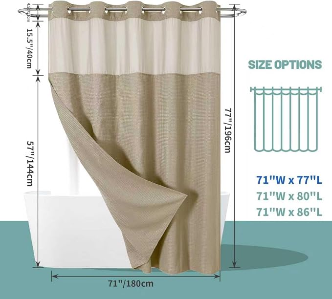 eachope No Hook Waffle Shower Curtain with Snap-in Liner, 71x77 Inch, Khaki | 230 GSM waffle weave fabric, waterproof liner set with 2 bottom magnets, mesh top window, washable, for bathroom or hotel use