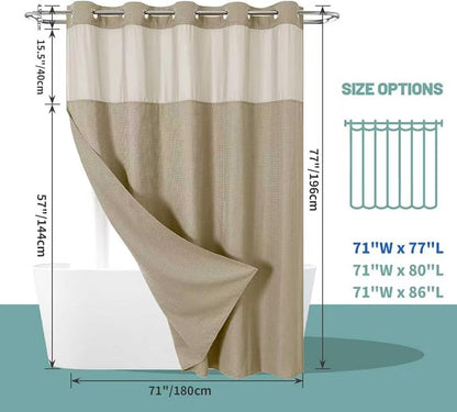 eachope No Hook Waffle Shower Curtain with Snap-in Liner, 71x77 Inch, Khaki | 230 GSM waffle weave fabric, waterproof liner set with 2 bottom magnets, mesh top window, washable, for bathroom or hotel use