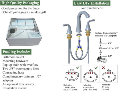 Matte Black Bathroom Sink Faucet, 2 Handle 8 inch Widespread Bathroom Faucet with Pop-up Drain and Water Supply Hose, Lavatory Vanity Faucets, TAF826-MB