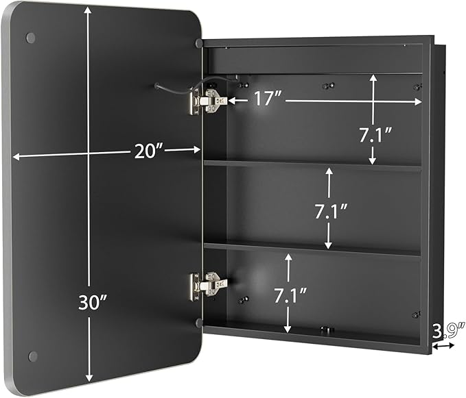 ROOMTEC Lighted Medicine Cabinet with Mirror 20"x30", Wall Mounted Bathroom Mirror with Storage, Single Doors Bathroom Wall Cabinet with LED Lights,Silver