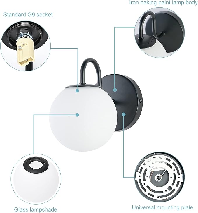 Industrial Bedroom Wall Sconce Black Indoor Wall Light Fixture Milk White Globe Glass Wall Lamp for Bathroom Kitchen Living Room Vanity Hallway (Exclude Bulb)