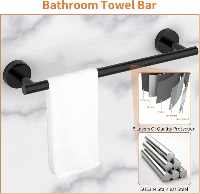 Cilee 10 Piece Matte Black Bathroom Hardware Set, 24 16 inch Towel Bar Set | 24 & 16 inch Towel bar, Toilet Paper Holder, Towel Ring, Towel Hook, Bathroom Accessories Set Stainless Steel Wall Mounted