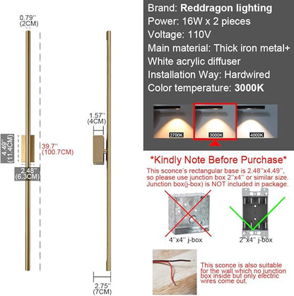 Only Suitable for Small Junction Box Set of 2 Dimmable Hardwired Linear Gold LED Wall Lamp 1-Gang Long 40 Inch Vanity Wall Sconce for Living Room Bedroom Bathroom Mirror (2 Pack, 40'', Gold, Dimmable)