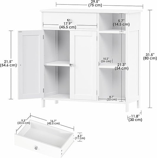 White Bathroom Floor Cabinet with Large Drawer, Floor Storage Cabinet with Doors & Adjustable Shelves, Modern Storage Cupboard with 3 Open Space for Living Room, Entryway, Dining Room