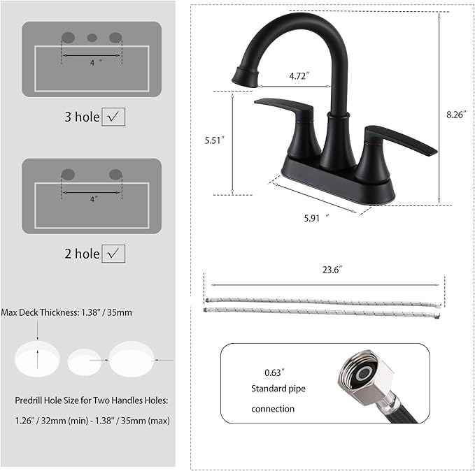 Lead-Free Matte Black Bathroom Sink Faucet, 2 Handle 4 Inch Centerset Faucet, Modern 360° Swivel High-Arc Spout Bath Lavatory Vanity Faucets for Sinks with Drain & Water Hoses, VALZST049B