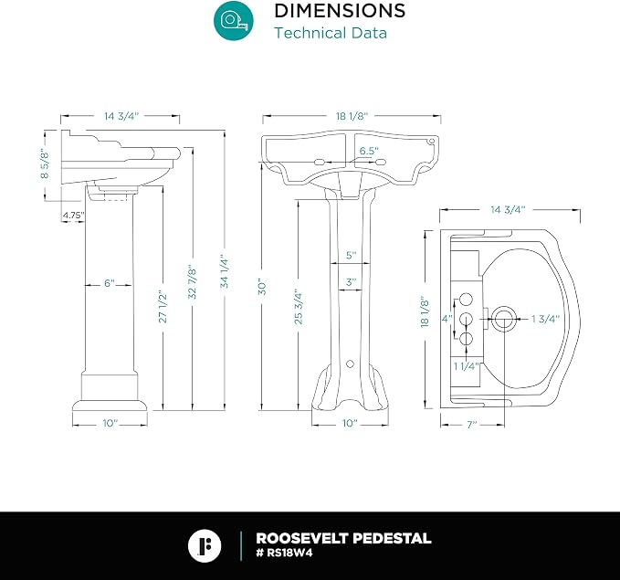 Roosevelt Bathroom Pedestal Sink – 18-Inch Small Pedestal Sink, Durable Vitreous China Ceramic with 4 Inch 3-Hole Bathroom Sink Faucet – Ideal for Modern Bathrooms