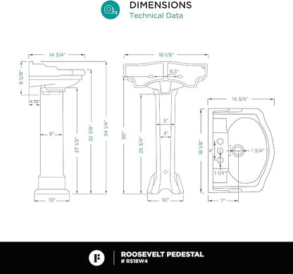 Roosevelt Bathroom Pedestal Sink – 18-Inch Small Pedestal Sink, Durable Vitreous China Ceramic with 4 Inch 3-Hole Bathroom Sink Faucet – Ideal for Modern Bathrooms