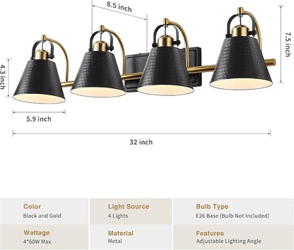 PAZALA Black and Gold Vanity Light, 4-Lights Farmhouse Vanity Light, Bathroom Light Fixtures Over Mirror, 24inch Modern Bathroom Wall lamp for Bath Mirror Living Room Cabinet Bedroom