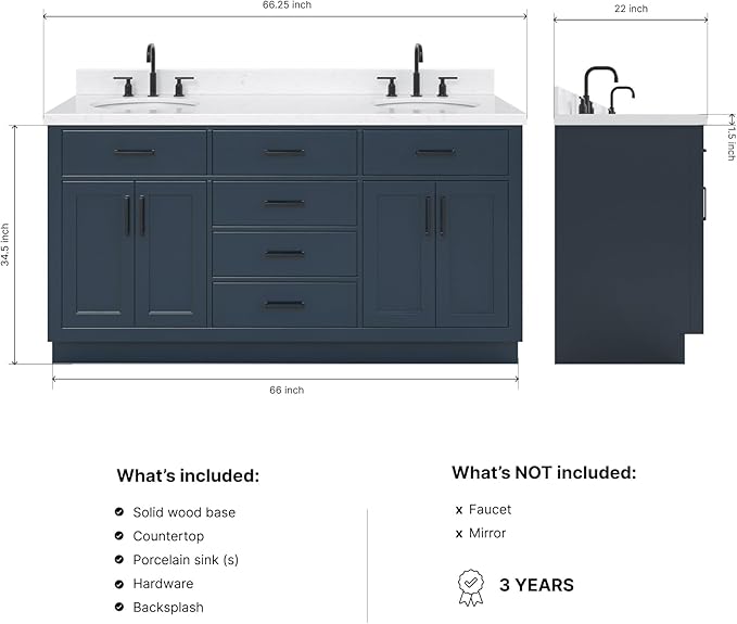ARIEL Hepburn 66-inch Bathroom Vanity with Sink,Solid Wood, 1.5-inch Carrara White Quartz Countertop, Double Oval Porcelain Sink, 4 Soft Closing Doors, 6 Dovetail Drawers, Midnight Blue