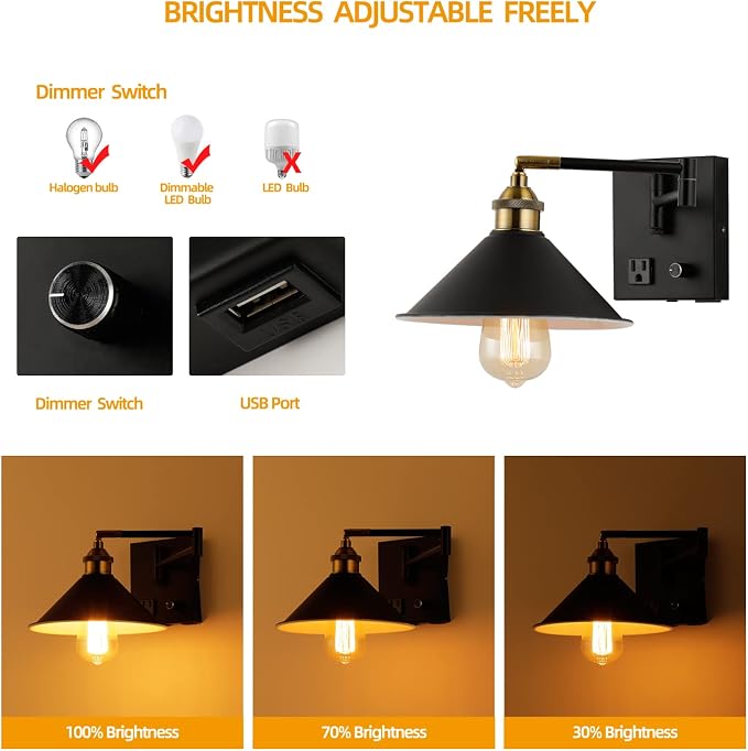 Bedside Wall Mount Light with Dimmable Switch and Outlet, Swing Arm Metal Shade Wall Sconce Light with USB Port and Plug in Cord, Black Wall Lamp for Bedroom, Living Room and Hotel