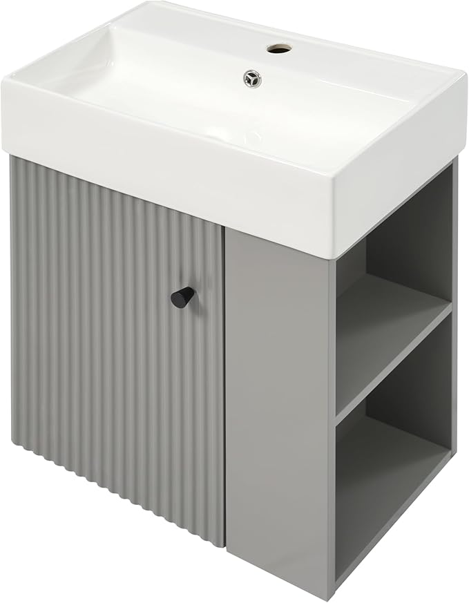 Merax 20 Inch Bathroom Vanity, Floating Sink Vanity Combo, Modern Wall Mount Bathroom Cabinet with Ceramic Integrated Sink for Small Space,Gray