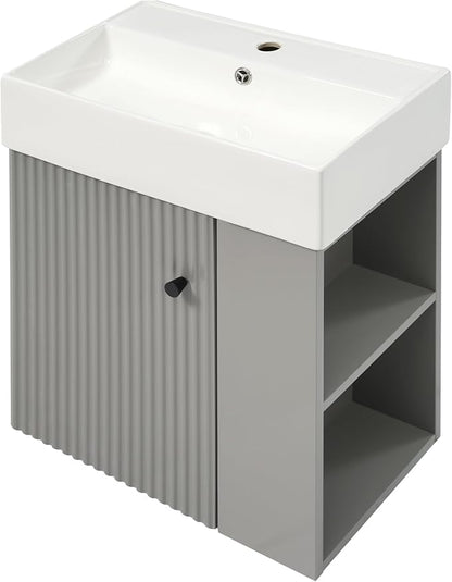 Merax 20 Inch Bathroom Vanity, Floating Sink Vanity Combo, Modern Wall Mount Bathroom Cabinet with Ceramic Integrated Sink for Small Space,Gray