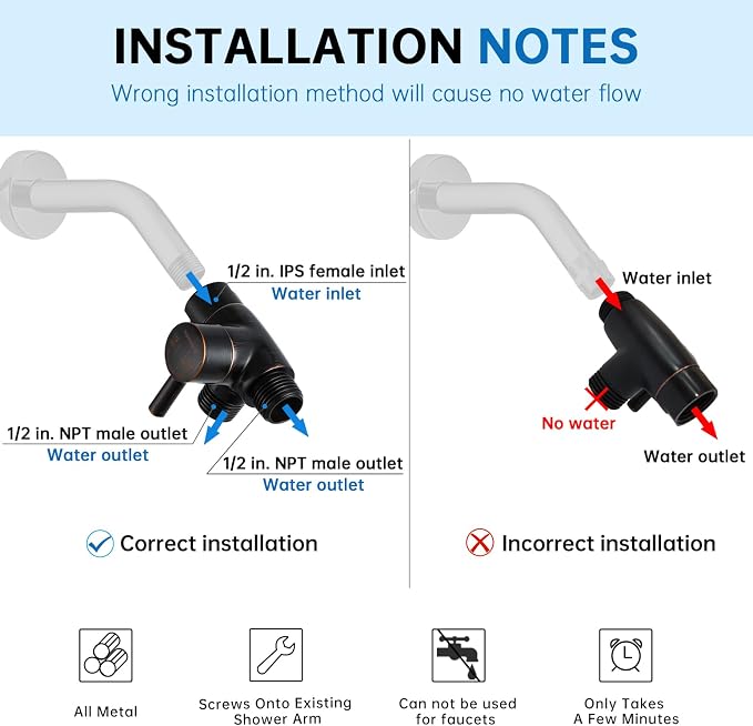 G-Promise Solid Metal 3-Way Shower Diverter Valve (Oil Rubbed Bronze) | Smooth Knob Switch, Spray Separately or Both, Anti-Leak, Easy to Install, Standard Connections, Universal Replacement Part