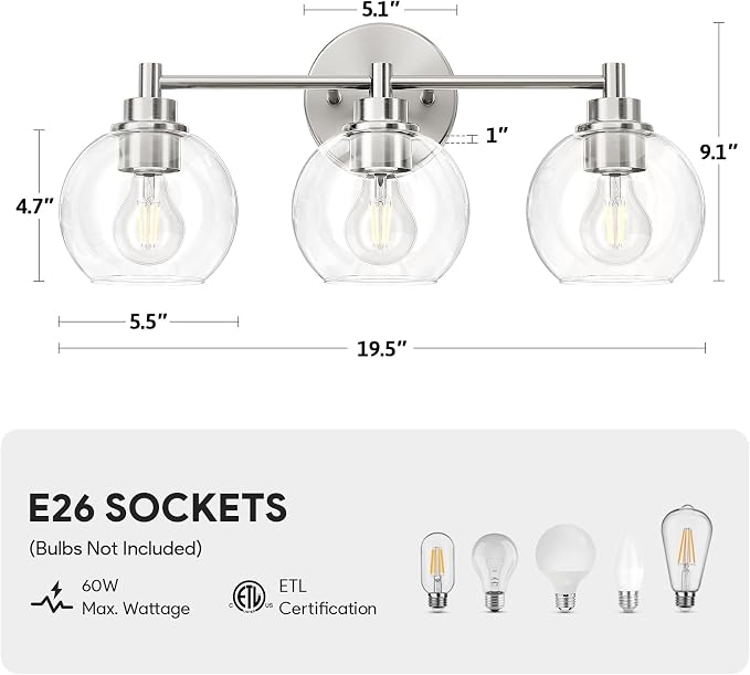 VONLUCE 3 Light Bathroom Vanity Light Fixtures, Brushed Nickel Finish | Globe Glass Shades, E26 Sockets, Easy to install, ETL Certificated, Vanity Lights for Bedroom Hallway Living Room
