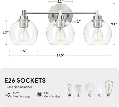 VONLUCE 3 Light Bathroom Vanity Light Fixtures, Brushed Nickel Finish | Globe Glass Shades, E26 Sockets, Easy to install, ETL Certificated, Vanity Lights for Bedroom Hallway Living Room