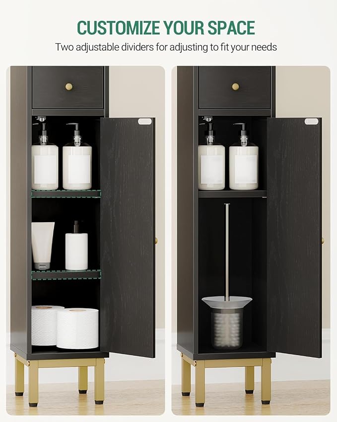 Bathroom Cabinet with Adjustable Shelves, Freestanding Floor Cabinet, Tall Black Bathroom Storage Cabinet, Narrow Toilet Paper Storage, 7.9"D x 7.9"W x 70.9"H