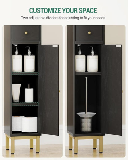 Bathroom Cabinet with Adjustable Shelves, Freestanding Floor Cabinet, Tall Black Bathroom Storage Cabinet, Narrow Toilet Paper Storage, 7.9"D x 7.9"W x 70.9"H