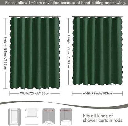 MIULEE Dark Green Scalloped Linen Shower Curtain 72x72 Inches | Linen Textured, Waterproof, Washable, 12 Metal Hooks, Heavy Duty Cloth, Black Border, Shower Curtain for Bathroom Bathtub