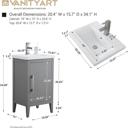 Vanity Art 20 inch Bathroom Vanity with Single Sink & Ceramic Top, Vanity Cabinet with Soft-Closing Doors, Solid Wood Frame, Cashmere Gray, VA9020-G-GB1