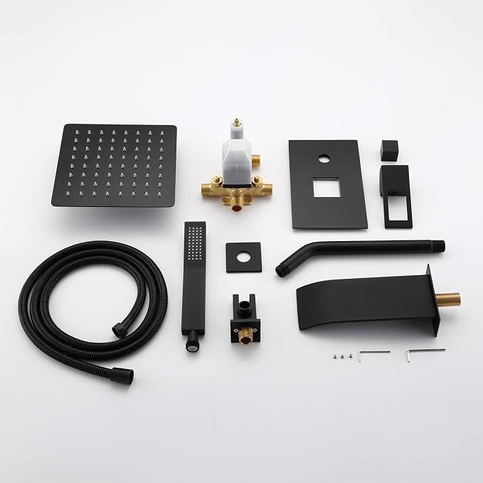 SUMERAIN Matte Black Rain Shower Faucet System with Waterfall Tub Spout | 8" Rain Shower Head, Brass Handheld Shower, Anti-scalding Pressure Balance Valve, Rough-In Valve Included
