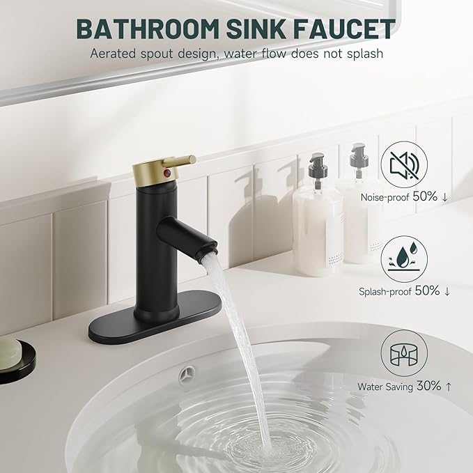 Bathroom Sink Faucet, Greenspring Black and Gold Bathroom Faucets Single Handle Bathroom Vanity Faucet for 1 Hole or 3 Holes with Pop Up Drain, Brass