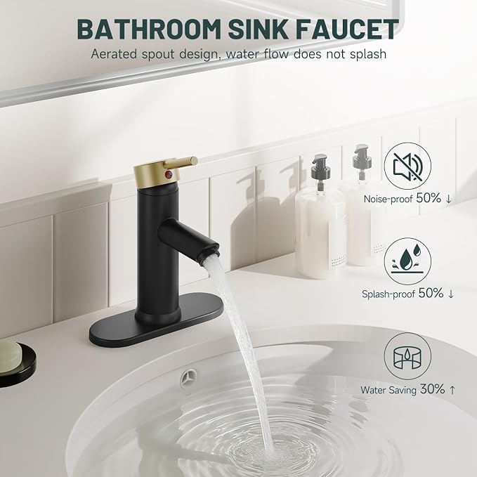 Bathroom Faucet for 1 or 3 Holes, Brass, Black and Gold | Single Handle Bathroom Sink Faucets, Modern Commercial Lavatory Vanity Faucet, with Deck Plate and Supply Line, No Drain