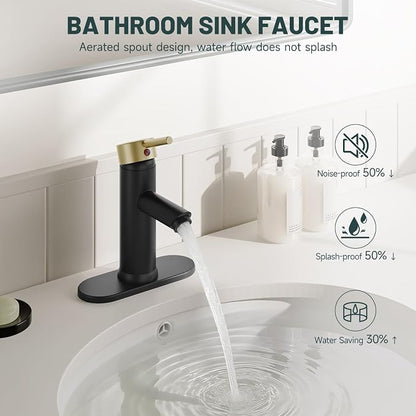Bathroom Faucet for 1 or 3 Holes, Brass, Black and Gold | Single Handle Bathroom Sink Faucets, Modern Commercial Lavatory Vanity Faucet, with Deck Plate and Supply Line, No Drain