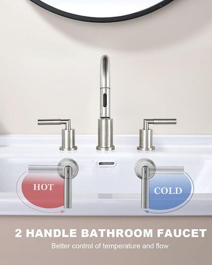 Tohlar Bathroom Faucet with Sprayer, Widespread Bathroom Faucets Brushed Nickel 8 Inch Basin Sink Tap 3 Holes, 2 Handle Vanity Faucet with Pull Out Sprayer Pop Up Drain Assembly Included