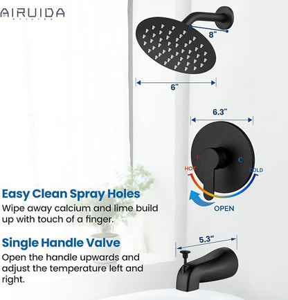 Airuida Shower Faucet Set with Tub Spout,6" Bathtub Faucet-Matte Black | Male Threads Rough-In Valve,Round Head Shower System,Tub and Shower Kit Set