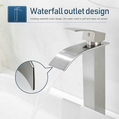 Tall Bathroom Faucets Vessel Sink Faucet Brushed Nickel Waterfall Bathroom Bowl Sink Faucet Rv Lavatory Faucet with Supply Hose