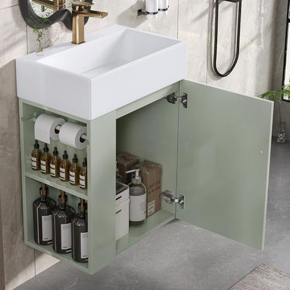 20" Floating Small Bathroom Vanity with Sink, Wall Mounted Vanity for Compact Bathrooms, Space-Saving Narrow Bathroom Vanities with Soft-Close Door Open Shelf Towel Bar (Green,20" Floating Door)