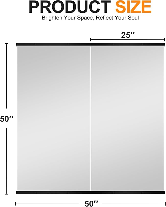 Home Gym Mirror, 50''x25''x2PCS Black Wall Mounted Large Frameless Tempered Glass Wall Mirror for Home Gym, Garage, Bedroom, Bathroom