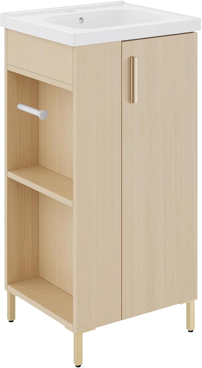 Pre-Assembled 16 Inch Small Bathroom Vanity, Freestanding Oak Bathroom Cabinet with Ceramic Sink, Soft-Close Door, Left Side Storage, No Faucet, BV05-16-OAK-PLUS