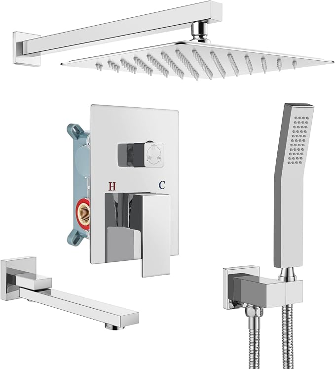gotonovo Tub Shower Faucet Set with Valve Kit 12’’ Head,Polished Chrome | Shower System with Tub Spout,SUS304 Rain Head with Handheld Sprayer,Swivel Spout,All Metal,Rough-In Valve Trim Kit,Wall Mount