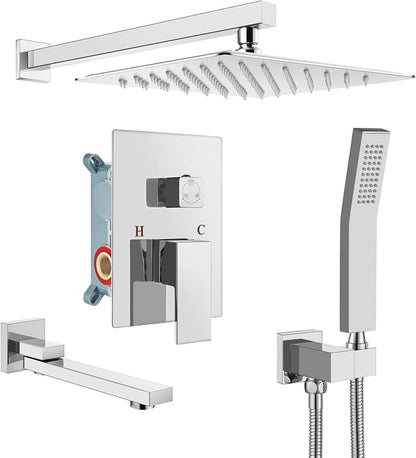gotonovo Tub Shower Faucet Set with Valve Kit 12’’ Head,Polished Chrome | Shower System with Tub Spout,SUS304 Rain Head with Handheld Sprayer,Swivel Spout,All Metal,Rough-In Valve Trim Kit,Wall Mount