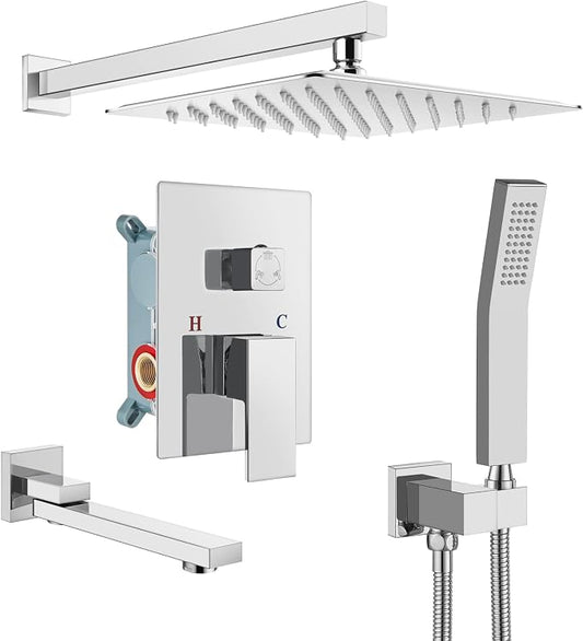gotonovo Tub Shower Faucet Set with Valve Kit 12’’ Head,Polished Chrome | Shower System with Tub Spout,SUS304 Rain Head with Handheld Sprayer,Swivel Spout,All Metal,Rough-In Valve Trim Kit,Wall Mount