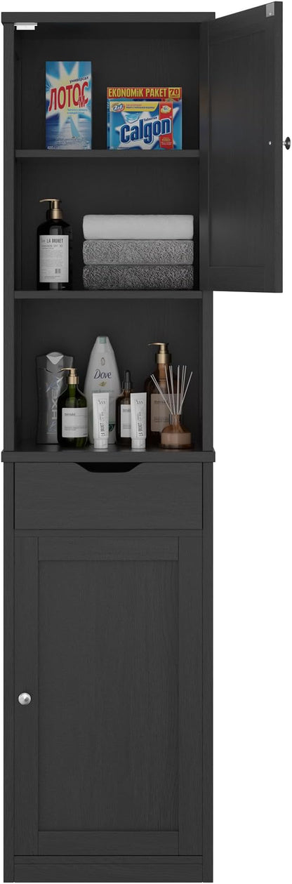 Walsunny Tall Bathroom Storage Cabinet with 6 Adjustable Shelves, Black | Anti-Tip Safety, Waterproof MDF, 2 Doors + 1 Drawer, Easy Assembly, for Bathroom/Living Room/Kitchen