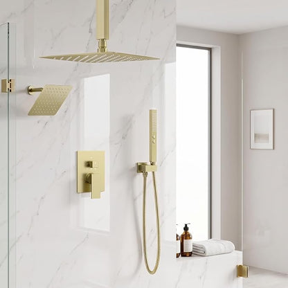 Shower Faucet Sets Shower Systems Brushed Gold,Bostingner Five Functions Knob Diverter Shower Sets with 2 in 1 Handheld Spray,12'' Ceiling Mount and 6'' Wall Mount Rainfall Dual Shower Faucet Trim Kit