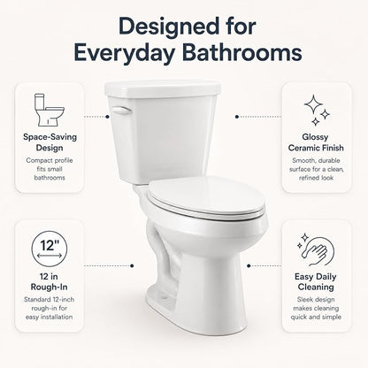 Compact 15.4 Inch Elongated Two Piece Toilet, Side Flush White Ceramic Bathroom Toilet with Soft Close Seat, 1.28 GPF Siphonic Flush, cUPC Certified, 12 Inch Rough-In