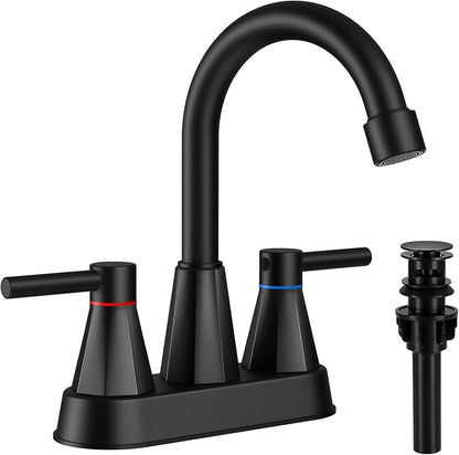 Matte Black Bathroom Sink Faucet, 2-Handle 4-inch Centerset Faucet | Lead-free stainless steel, pop-up drain included, Detachable faucet aerator, 360°swivel spout, for vanity sink 3-hole mount