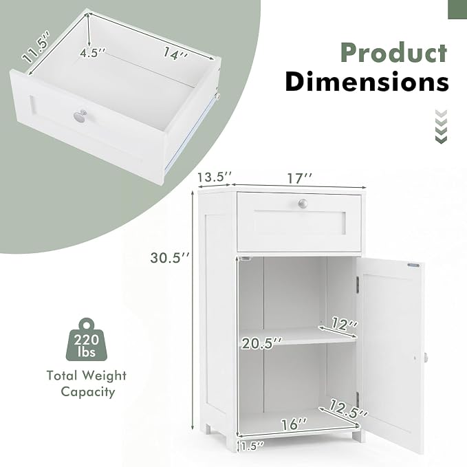 GIANTEX Floor Bathroom Storage Cabinet with Door and Drawer (White) | Freestanding Cabinet with Adjustable Shelf, Anti-tipping Device, Storage Organizer for Bathroom, Living Room, Bedroom