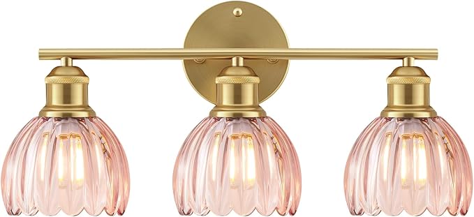 Bathroom Light Fixtures, 3-Light Brushed Gold Vanity Lights for Bathroom with Pink Tulip Glass Shade, 20" Vintage Bathroom Vanity Lighting Fixtures Over Mirror for Bedroom Living Room Hallway