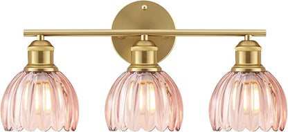 Bathroom Light Fixtures, 3-Light Brushed Gold Vanity Lights for Bathroom with Pink Tulip Glass Shade, 20" Vintage Bathroom Vanity Lighting Fixtures Over Mirror for Bedroom Living Room Hallway