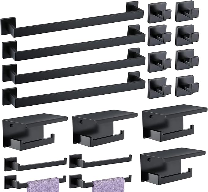 Bathroom Hardware Set 20 Piece Matte Black Bathroom Accessories Set SUS304 Towel Bar Set Includes 4 Towel Bar 24 Inch+4 Towel Holder+4 Toilet Paper Holder+8 Towel Hooks (20, Matte Black)
