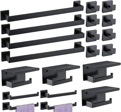 Bathroom Hardware Set 20 Piece Matte Black Bathroom Accessories Set SUS304 Towel Bar Set Includes 4 Towel Bar 24 Inch+4 Towel Holder+4 Toilet Paper Holder+8 Towel Hooks (20, Matte Black)