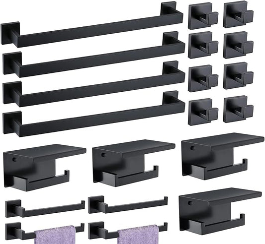 Bathroom Hardware Set 20 Piece Matte Black Bathroom Accessories Set SUS304 Towel Bar Set Includes 4 Towel Bar 24 Inch+4 Towel Holder+4 Toilet Paper Holder+8 Towel Hooks (20, Matte Black)