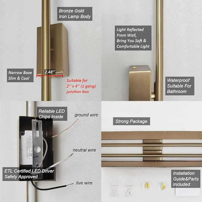 Only Suitable for Small Junction Box Set of 2 Dimmable Hardwired Linear Gold LED Wall Lamp 1-Gang Long 40 Inch Vanity Wall Sconce for Living Room Bedroom Bathroom Mirror (2 Pack, 40'', Gold, Dimmable)
