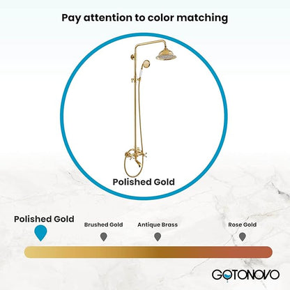 gotonovo Bathroom Exposed Shower Faucet Outdoor Shower System 8 Inch Rainfall Shower Head Set with Tub Spout and Handheld Spray Double Cross Handles Wall Mount without Shower Shelf Polished Gold