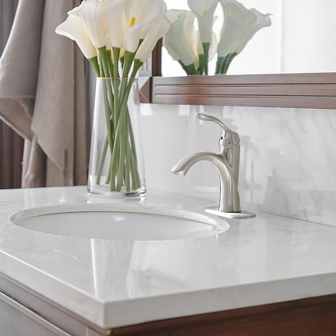 BWE Brushed Nickel Bathroom Faucet Single Handle Bathroom Sink Faucet One Hole with Pop Up Drain Assembly and Supply Lines Commercial Vanity Restroom Lavatory Mixer Tap